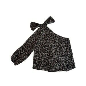 NWT Walter Baker Womens Medium Black Floral Blouse Asymmetrical Shirt Top w/ Bow